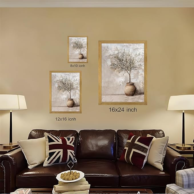 Vintage Olive Tree Canvas Wall Art, Farmhouse Aesthetic Oil Painting, Rustic Potted Plant Wall Decor, Neutral Botanical Print Artwork Picture for Living Room Kitchen Home Decor 12x16 Inch Framed