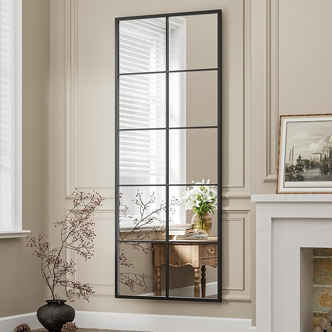 Prywot Full Length Mirror, 65"x24" Window Pane Mirror for Wall Decor, Black Full Body or Wall Mounted Mirrors, Farmhouse Standing Mirrors Hanging or Leaning for Living Room, Entryway, No Stand