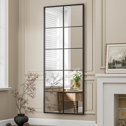 Prywot Full Length Mirror, 65"x24" Window Pane Mirror for Wall Decor, Black Full Body or Wall Mounted Mirrors, Farmhouse Standing Mirrors Hanging or Leaning for Living Room, Entryway, No Stand