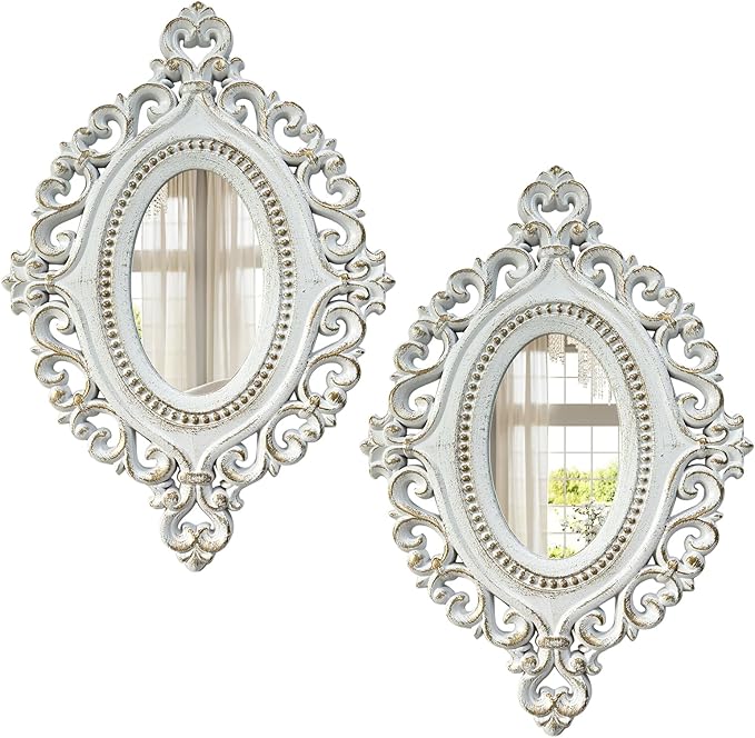 2 Set Oval Wood Carved Wall Mirror Baroque 3D Relief Rustic Home Decor Small Decorative Hanging Mirrors for Living Room, Bedroom Entrance Wall Sculpture