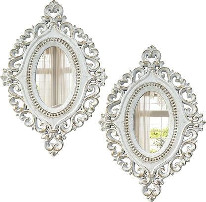 2 Set Oval Wood Carved Wall Mirror Baroque 3D Relief Rustic Home Decor Small Decorative Hanging Mirrors for Living Room, Bedroom Entrance Wall Sculpture