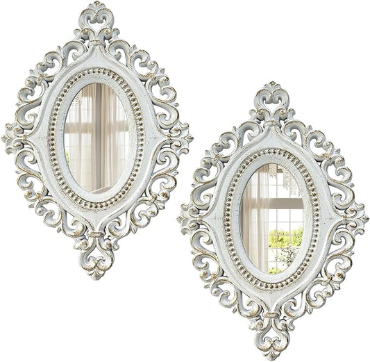 2 Set Oval Wood Carved Wall Mirror Baroque 3D Relief Rustic Home Decor Small Decorative Hanging Mirrors for Living Room, Bedroom Entrance Wall Sculpture