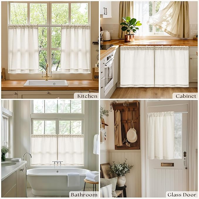 24 Inch Laundry Room Basement Window Curtains 2 Panels Natural Linen Rod Pocket Semi Sheer Light Filtering Drapes for Farmhouse Cafe Bathroom Short Curtains 24 Inches Long W34xL24