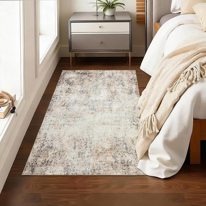 Neutral 3x5 Rug Non-Slip: Washable Area Rug for Bedroom Entryway Kitchen Bathroom Indoor - Modern Abstract Home Decor Mat Carpet - Sandstone Beige Gray