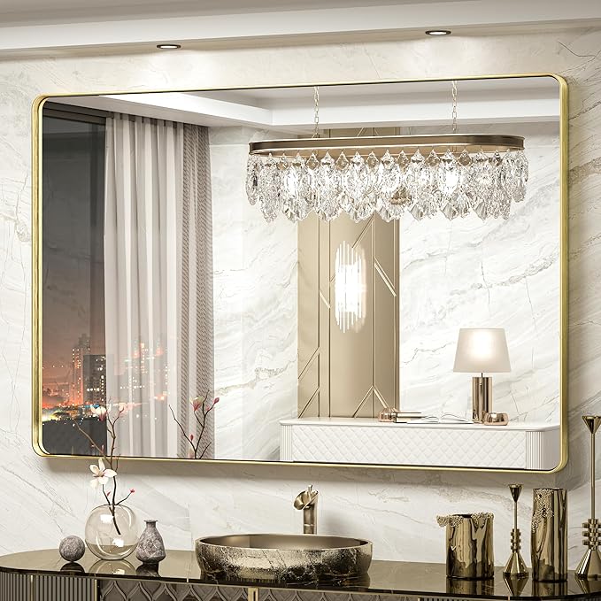 TokeShimi 55 x 36 Inch Brushed Gold Bathroom Mirror for Wall Vanity Mirror with Non-Rusting Aluminum Alloy Metal Frame for Modern Minimalist Farmhouse Home Decor (Horizontal/Vertical)