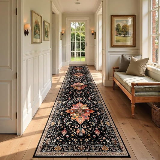 RELEANY Area Rugs 2'6"x12' Runner Rug Non Slip Washable for Kitchen Hallway Bedroom Beside Laundry Room Bathroom Rug, Floor Carpet, Black Colorful Floral Dark Tan