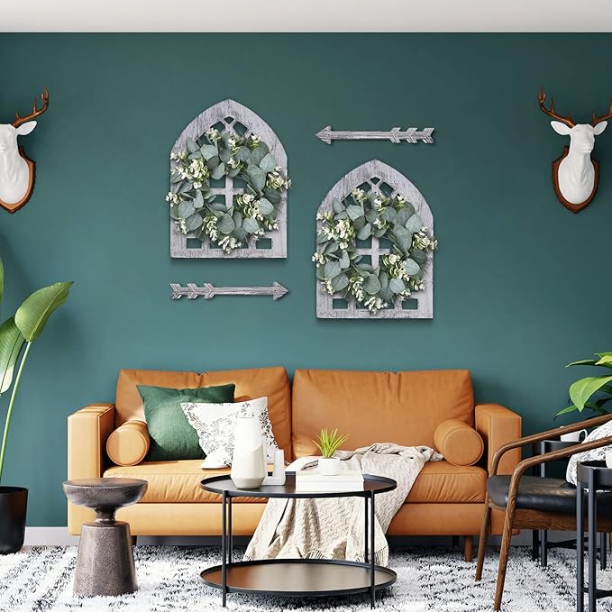 WAKOSAN Rustic Wood Window Frame with Green Wreath and Arrows Wall Decor，Farmhouse Window Frame Hanging Decor, Wooden Fake Decoration,Window Pane Wall Decor,Set of 2 (windows white)