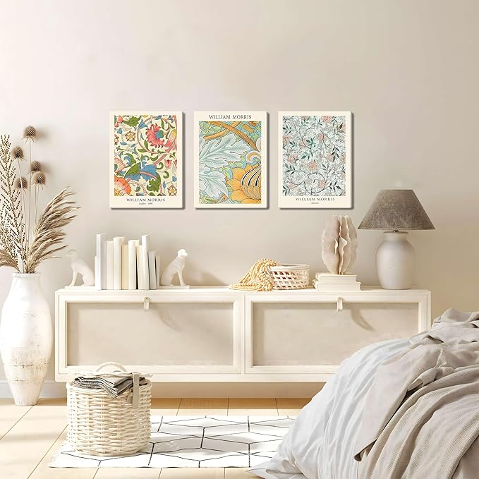 William Morris Vintage Floral Canvas Paintings - Abstract Wall Art Prints Set of 3, 12x16 in Framed, Modern Eclectic Wall Decor for Living Room, Bathroom, Bedroom, Office