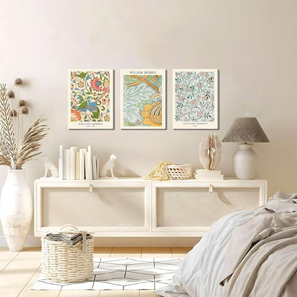 William Morris Vintage Floral Canvas Paintings - Abstract Wall Art Prints Set of 3, 12x16 in Framed, Modern Eclectic Wall Decor for Living Room, Bathroom, Bedroom, Office