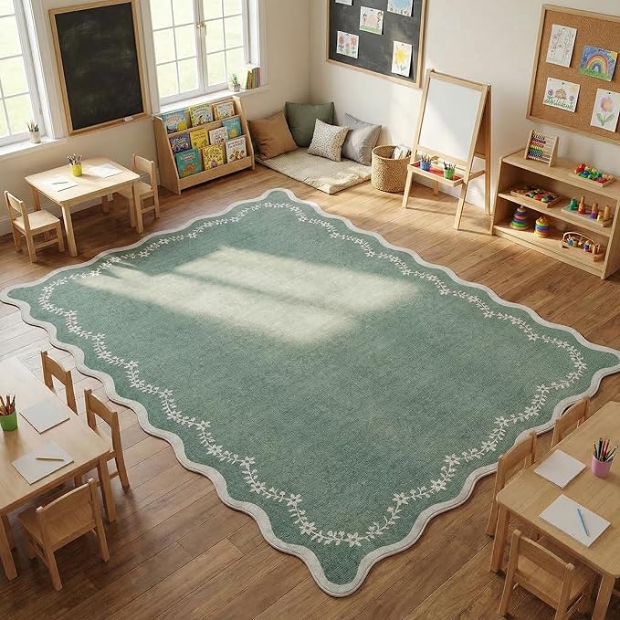 GarveeHome 4x6 Green Scalloped Washable Area Rug for Nursery Room, Solid Floral Soft Bedroom Rug Non Slip Low Pile Small Carpet Stain Resistant Throw Rug for Dorm Kids Room Office Dining Room
