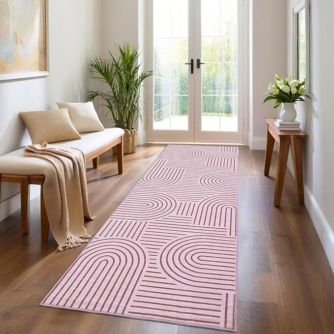 ROYHOME Modern Rug 2x6 Runners for Hallways, Abstract Kitchen Runner Rugs Non Slip Bath Runner, Rainbow Washable Runners Rug for Bedroom, Soft Long Rugs for Entryway Bathroom Laundry Dorm, Pink