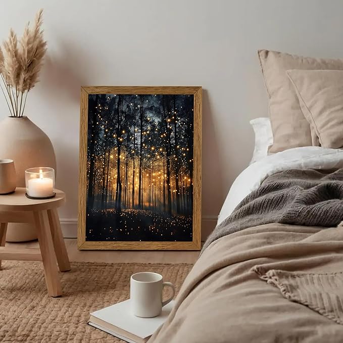 JLTULT Framed Enchanted Forest Firefly Canvas Wall Art, Dark Twilight Landscape Wall Decor, Rustic Botanical Nature Tree Art Prints for Bedroom Living Room Office Decoration 16x24 inch Easy to Hang