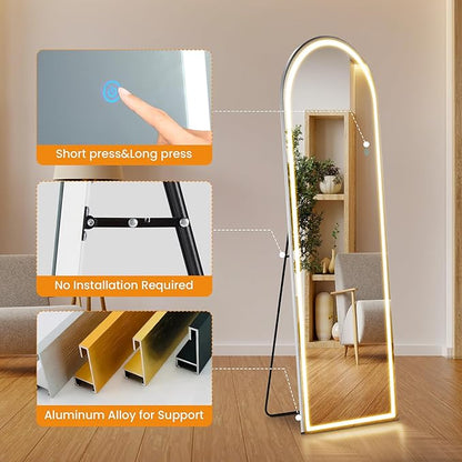 Arched Full Length Mirror with Stand 16"×60", Upgraded Full Body Mirrors with LED Light 3 Color Lighting, Floor Standing, Hanging or Leaning Modern Simple Home Wall Decor, White