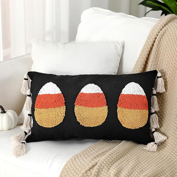 Yuntau Halloween Throw Pillow Cover with Tassels 12 x 20 Inch Decorative Candy Corn Pillowcase Embroidery Furry Plush Candy Corn Cushion Cover Halloween Decorations for Home Sofa Couch Bedroom Outdoor