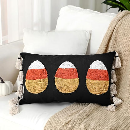 Yuntau Halloween Throw Pillow Cover with Tassels 12 x 20 Inch Decorative Candy Corn Pillowcase Embroidery Furry Plush Candy Corn Cushion Cover Halloween Decorations for Home Sofa Couch Bedroom Outdoor