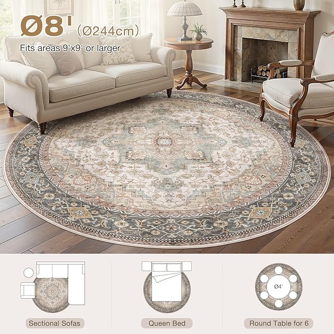EIEIHOUSE 8ft Round Rugs for Living Room - Washable Neutral Vintage Distressed Farmhouse Large Soft Floor Area Rug Indoor Carpet for Bedroom Dining Room Office -Forest Green Orange