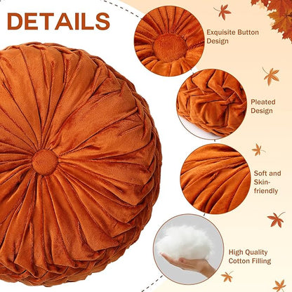 Beeveer 3 Pcs Round Throw Velvet Pillows Classy Accent Pumpkin Throw Pillows 15 Inch Decorative Cushion for Couch Chair Bed Car, 2 Styles(Orange)