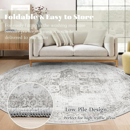 Round Rugs 6ft Washable Rug, Vintage Boho Medallion Rugs Non-Slip Soft Low Pile Circle Distressed Rug Indoor Retro Carpet for Living Room Bedroom Dining Room Home Office (Grey, 6' Round)