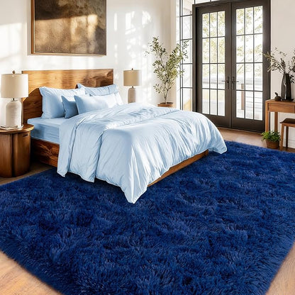 Shag Area Rugs for Living Room, Soft Fuzzy Plush Rugs, Upgrade Anti-Skid Modern Furry Rugs Fluffy Carpets for Kids Room Nursery Home Decor Dark Blue, 8X10 Feet