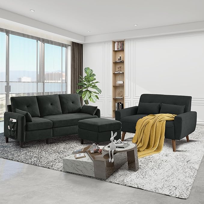 Convertible Sectional Couch Set, 77" L Shaped Sofa with Ottoman and 48" Loveseat, Modern Couches for Living Room, Apartment and Office, Black