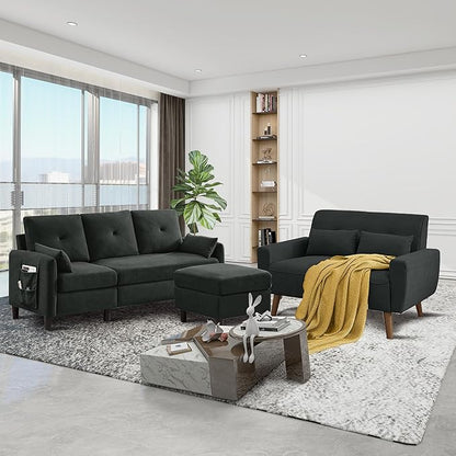 Convertible Sectional Couch Set, 77" L Shaped Sofa with Ottoman and 48" Loveseat, Modern Couches for Living Room, Apartment and Office, Black