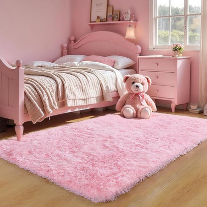 KICHOWUA Area Rug 5x7 Pink Fluffy Shag – Ultra Soft Plush Fuzzy Washable Thickened Non-Slip Fuzzy Carpet for Girls Bedroom Living Room, Modern Furry Shaggy Rug for Kids Nursery Boys Dorm Room