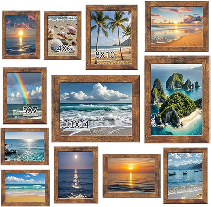 xnlkros 12 pack assorted gallery wall picture frame,rustic farmhouse wood picture frames multiple sizes including 4x6, 5x7, 8x10, 11x14, Ideal for living room hanging or tabletop display,Brown