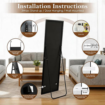 NARCISSUS 57x16 Mirror Door Hanging Full Length Body with Floor Stand or Wall Mounted Metal Aluminum Frame Tempered Glass Rectangle Mirrors for Bedroom Dressing Living Room Bathroom 57 inch Black
