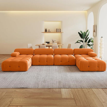 138'' Modular Sectional Couch, U-Shaped Velvet Sofa with Reversible Chaise Ottoman, Minimalist 6-Seat Bubble Sofa, Modern Cloud Sectional Couches for Living Room, Apartment (6 Seats, Orange)