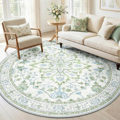RELEANY Area Rugs Round 6ft Washable Non-Slip, Floral Vintage Distress Print Pattern Medallion Carpet for Living Room Bedroom Dining Room, Green White Blue