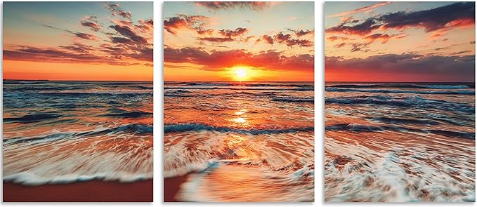 TutuBeer 3 Pcs Picture of the Beach Ocean Pictures Blue Sea Beach at Sunrise Art Print on Canvas Sea Wall Decor Ocean Wall Art Seascape Canvas Stretched and Framed 12" x 16" x 3 Pcs