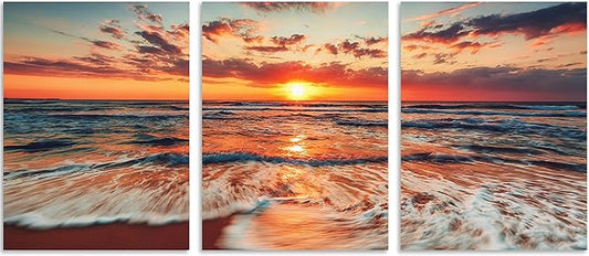 TutuBeer 3 Pcs Picture of the Beach Ocean Pictures Blue Sea Beach at Sunrise Art Print on Canvas Sea Wall Decor Ocean Wall Art Seascape Canvas Stretched and Framed 12" x 16" x 3 Pcs