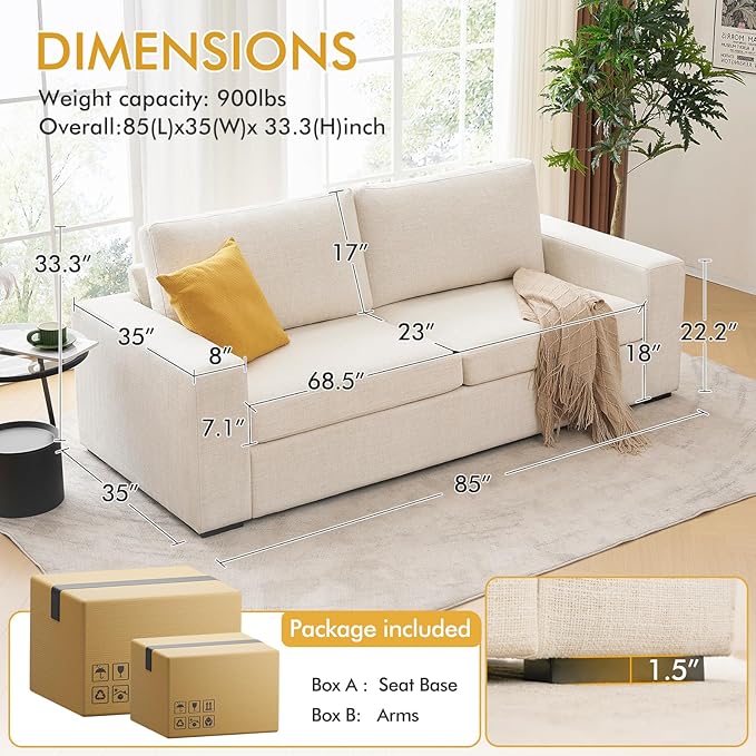 ELUCHANG Oversized 85'' Couches for Living Room, Modern 3-Seater Cloud Couch with Removable Cover, Wide Armrest, Thick Spring Cushions, Comfy Deep Sofa for Apartment, Office, Small Space, Linen Beige