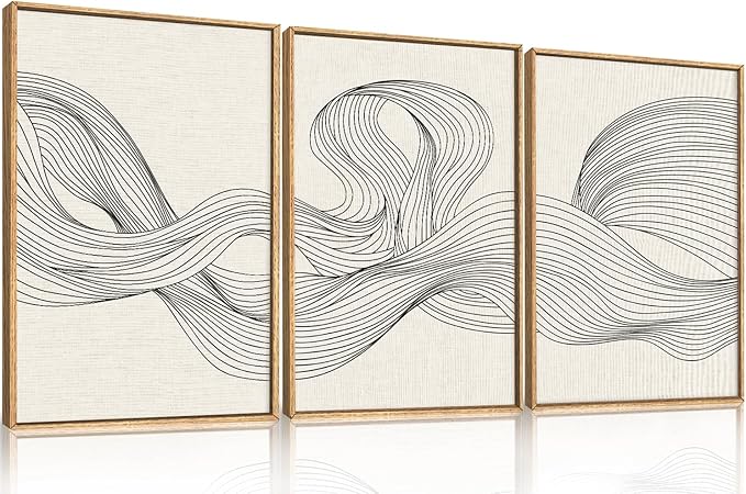 HPNIUB Neutral Abstract Beige Wave Framed Wall Art Set,Minimalist Black Line Wave Wall Decor,Modern Geometric Art Print,Boho Textured Artwork for Living Room, Bedroom,Office-24 x36 x3
