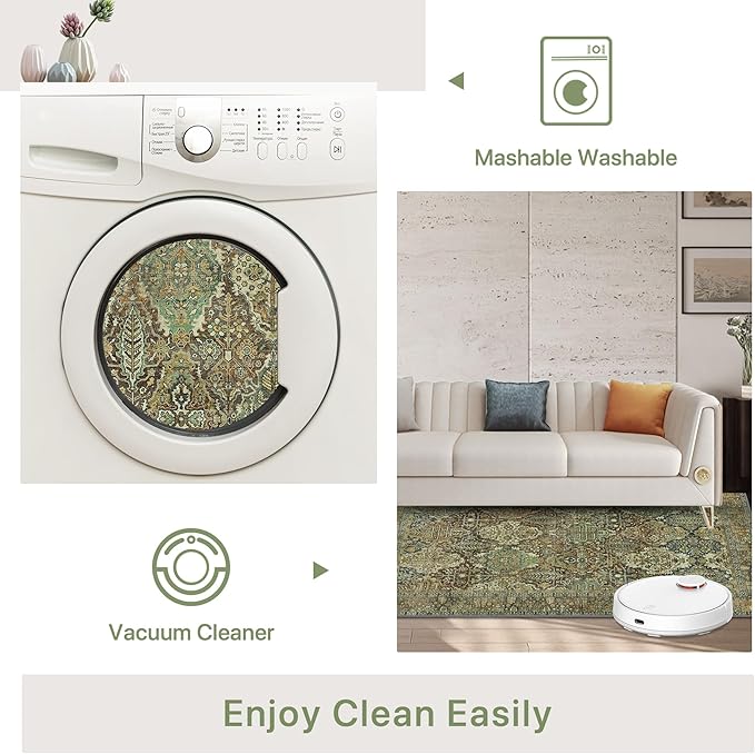 2x7 Runner Rug Machine Washable Boho Rug Runners for Hallway,Ultra-Thin Low Pile Rug,Lightweight Indoor Carpet,Non Slip Floral Runners for Enrtyway, Corridor, Home Office, Kitchen,Sage Green