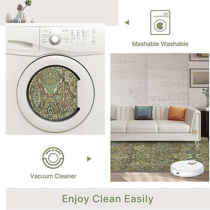 2x7 Runner Rug Machine Washable Boho Rug Runners for Hallway,Ultra-Thin Low Pile Rug,Lightweight Indoor Carpet,Non Slip Floral Runners for Enrtyway, Corridor, Home Office, Kitchen,Sage Green