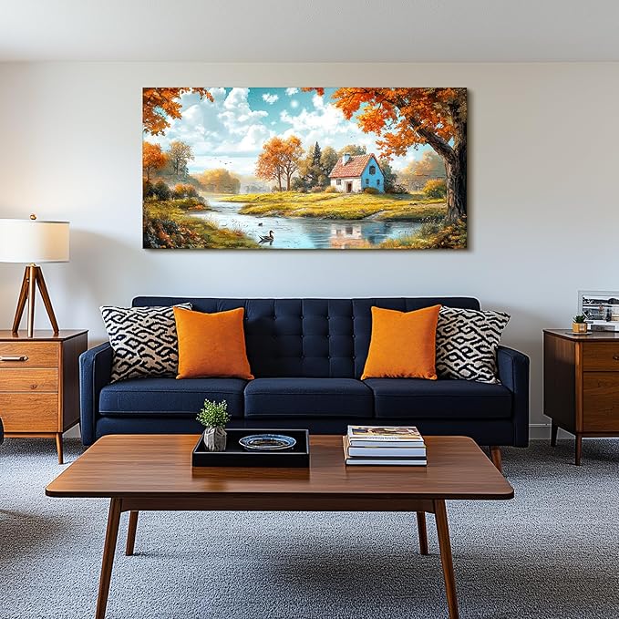 SERIMINO Fall Landscape Large Wall Art, Forest Cottage Rustic Wall Decor, Lake Duck Farmhouse Canvas Painting, Nature House Decorations Living Room Bedroom Dining Room Cottagecore Art Prints 29"X57"