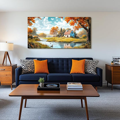 SERIMINO Fall Landscape Large Wall Art, Forest Cottage Rustic Wall Decor, Lake Duck Farmhouse Canvas Painting, Nature House Decorations Living Room Bedroom Dining Room Cottagecore Art Prints 29"X57"