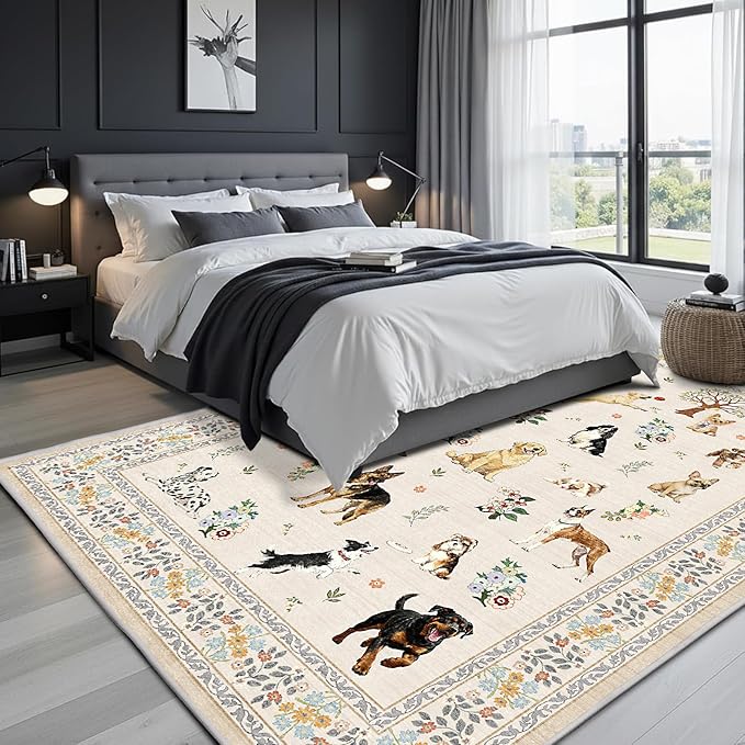 Dog Area Rugs Beige, 5x7 Rug for Bedroom Ultra-Thin Soft, Non-Slip Washable Rugs Stain Resistant Boho Rug Low-Pile Throw Rug for Dining Room Office (5 x 7, Beige)