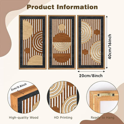 IARTTOP 3Pcs Mid Century Modern Wall Decor Framed Geometric Wood Wall Art Set Minimalist Abstract Line Panel Hanging Decor for Living Room Bedroom Office 8 x 16 Inch