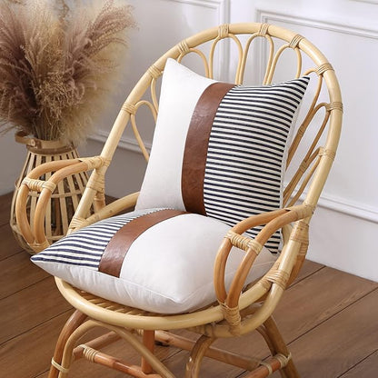 Mecatny Set of 2 Faux Leather Throw Pillows 18x18 with Inserts, Boho Striped Farmhouse Outdoor Pillows, Decorative Accent Cushions for Couch, Patio & Living Room, Navy