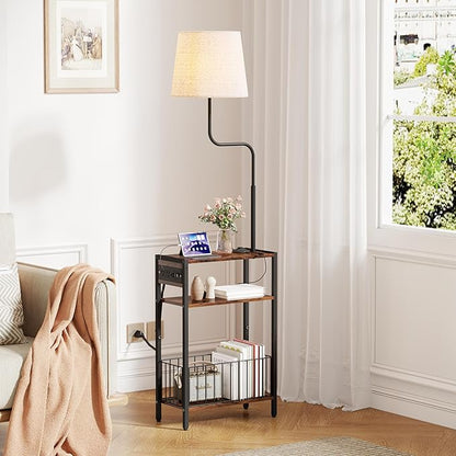 HavenlyYouth Floor Lamp with Table & Storage Baskets, End Table with 3 Color Temperatures LED Bulb, Nightstand with Charging Station, Shelves Side Table for Living Room, Bedroom, Office - Brown