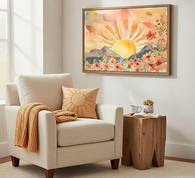 Framed Boho Sun Canvas Wall art Mid-Century Modern Abstract Bohemian Sunset in The Mountains Watercolor Wildflowers Sunrise Landscape Picture Wall Decor Poster Print Artwork for Living Room