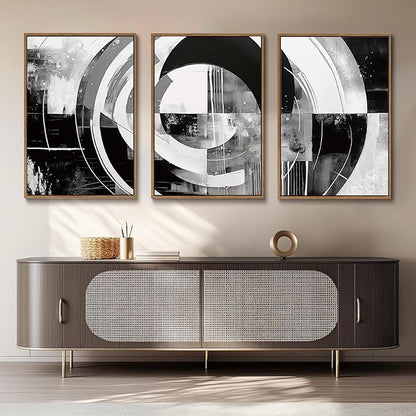 myusuar 3 Piece Large Modern Abstract Canvas Framed Wall Art For Living Room, Black And White Rings Minimalist Wall Art Decor Posters Prints For Bedroom Office, 24x36in