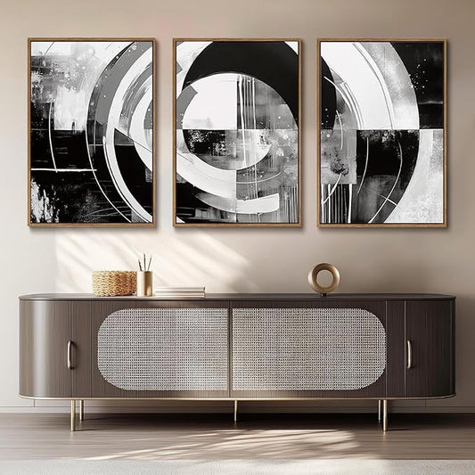 myusuar 3 Piece Large Modern Abstract Canvas Framed Wall Art For Living Room, Black And White Rings Minimalist Wall Art Decor Posters Prints For Bedroom Office, 24x36in