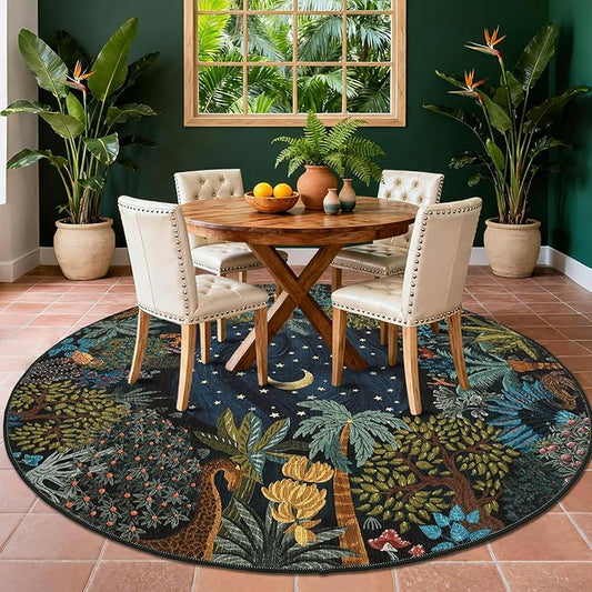 GarveeHome Round Area Rugs 8ft for Living Room, Large Green Jungle Washable Circle Rug Soft Non Slip Forest Animal Print Floor Mat Tiger Carpet Indoor Thin Rug for Bedroom Dining Room Playroom Nursery