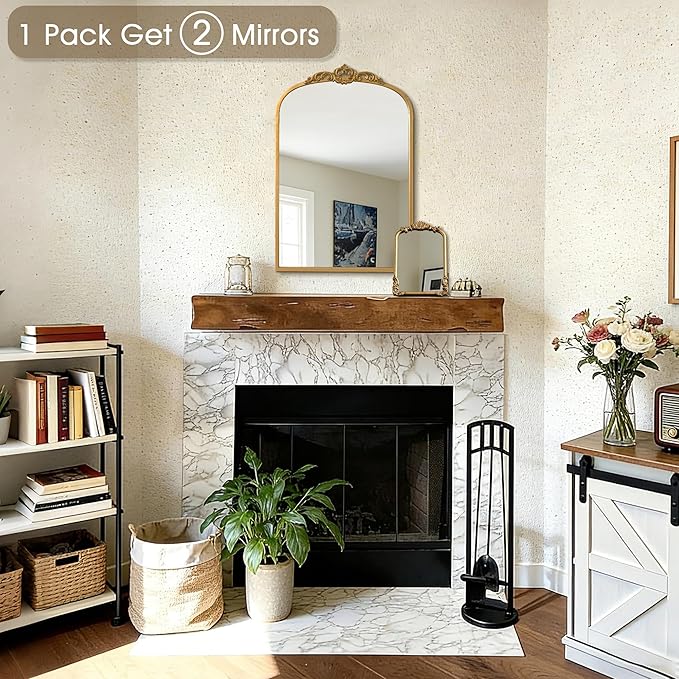 1 Set Vintage Mirror 20x30 Gold Antique Baroque Arched Ornate Traditional Brass Mirror and 8.5x12 Vintage Vanity Makeup Desk Table Mirror for Bathroom Entryway Living Room Hallway Fireplace