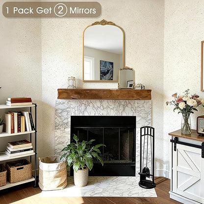 1 Set Vintage Mirror 20x30 Gold Antique Baroque Arched Ornate Traditional Brass Mirror and 8.5x12 Vintage Vanity Makeup Desk Table Mirror for Bathroom Entryway Living Room Hallway Fireplace