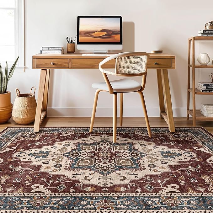 9x12 Area Rugs Living Room: Washable Boho Large Neutral Vintage Soft Rug Stain Resistant Farmhouse Non-Slip Indoor Floor Retro Carpet for Bedroom Nursery Kids Office Dining Room- Burgundy