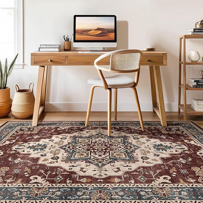 7x9 Area Rug Living Room: Washable Boho Large Neutral Vintage Soft Rug Stain Resistant Farmhouse Non-Slip Indoor Floor Retro Carpet for Bedroom Nursery Kids Office Dining Room- Burgundy